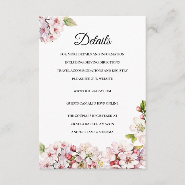 Cartão De Informações Cherry Blossom floral Enclosure Card Details (Frente)