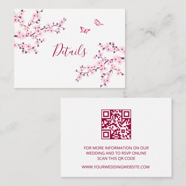 Cartão De Informações Cherry Blossom Pink White Wedding QR Code Details (Frente/Verso)