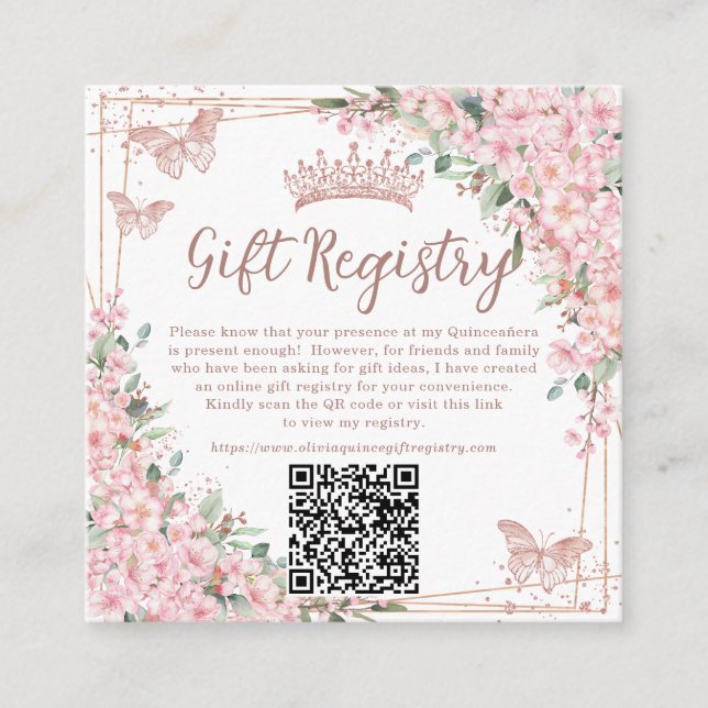 Cartão De Informações Cherry Blossoms Rosa Dourado Quinceanera QR Gift (Frente)