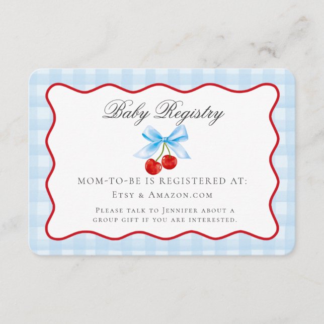 Cartão De Informações Cherry Sweet Blue Coquette Arco Baby Registry Card (Frente)