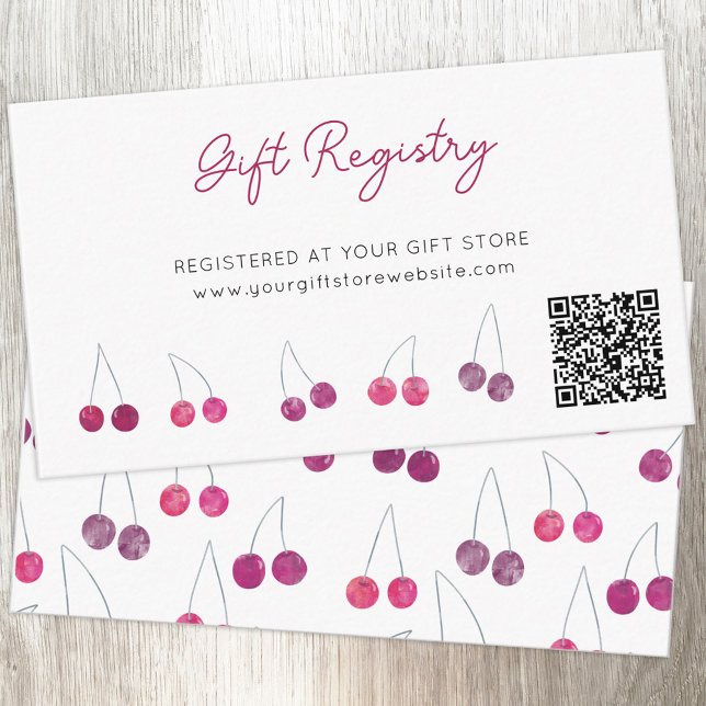 Cartão De Informações Cherry Watercolo Chá de fraldas Gift Registro QR (Baby shower cherry design QR code custom text gift registry enclosure card)