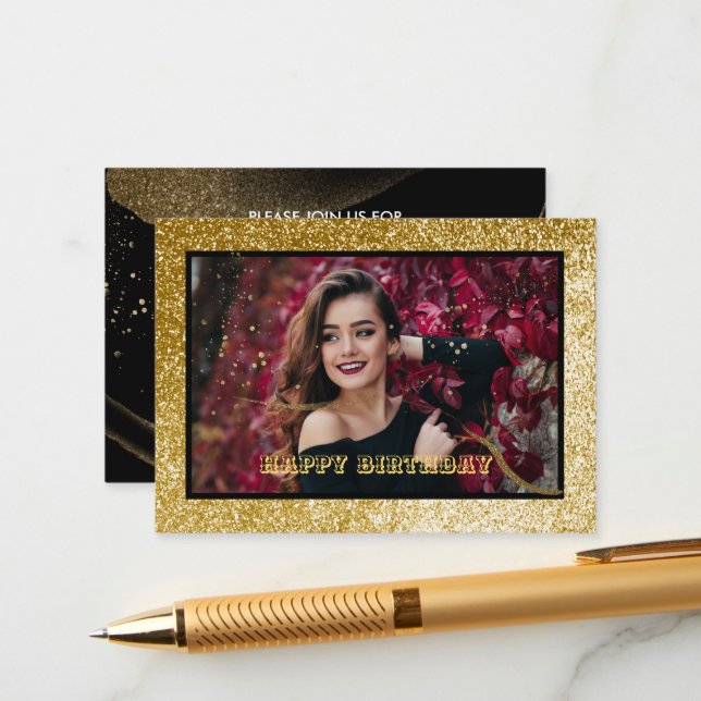 Cartão De Informações Chic Black & Dourado Festa de aniversário Enclosur (Frente/Verso In Situ)