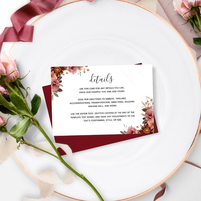 Cartão De Informações Chic Burgundy, Blush, Detalhes De Casamento Floral (Criador carregado)