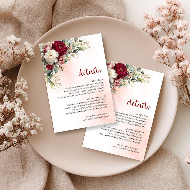 Cartão De Informações Chic Burgundy Floral Greenery Gold Wedding Details (Chic Burgundy Floral Greenery Gold Wedding Details)