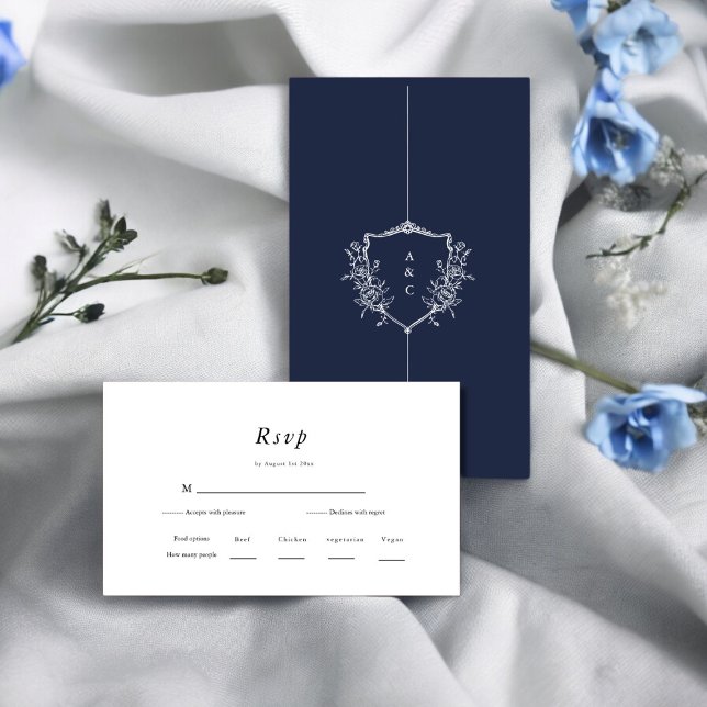 Cartão De Informações Chic Crested | RSVP de Casamento Branco e marinho (crested navy blue and white rsvp card , elegant design )