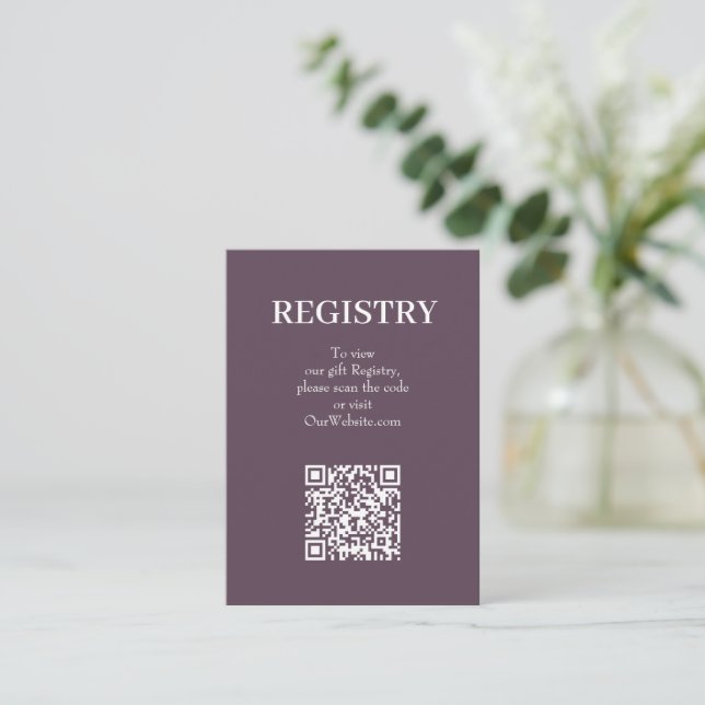 Cartão De Informações Chic Dusty Purple Wedding Registry QR Code (Em pé/Frente)