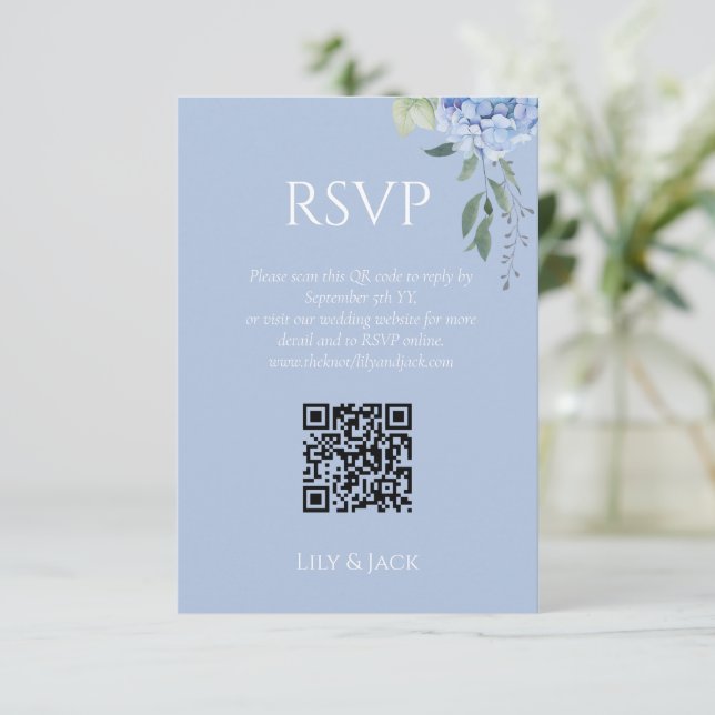 Cartão De Informações Chic Floral Dusty Blue Hydrangea Wedal RSVP (Em pé/Frente)