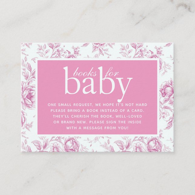 Cartão De Informações Chinoiserie Floral Toile Livros Rosa para Bebê (Frente)