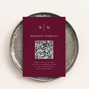 Cartão De Informações Chique Minimalista Código QR Casamento Burgundy