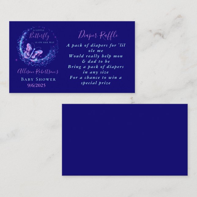 Cartão De Informações Chuva de Fraldas para Chá de Bebê Borboleta Brilho (Frente/Verso)