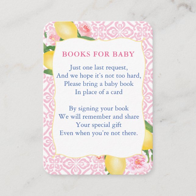 Cartão De Informações Chuva de Livros Baby Shower de Limões Rosa (Frente)