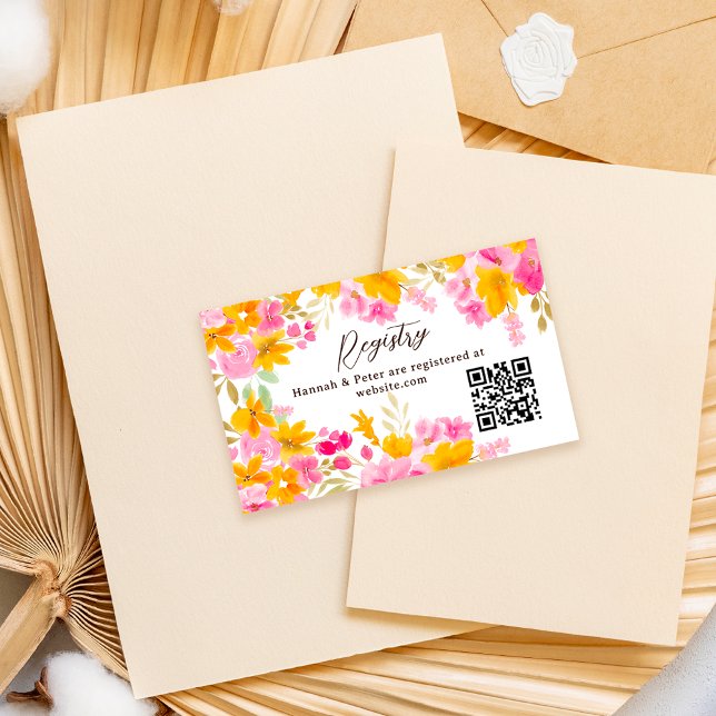 Cartão De Informações Chuva de noiva floral rosa e amarelo de jardim (Garden yellow pink floral registry bridal shower enclosure card)