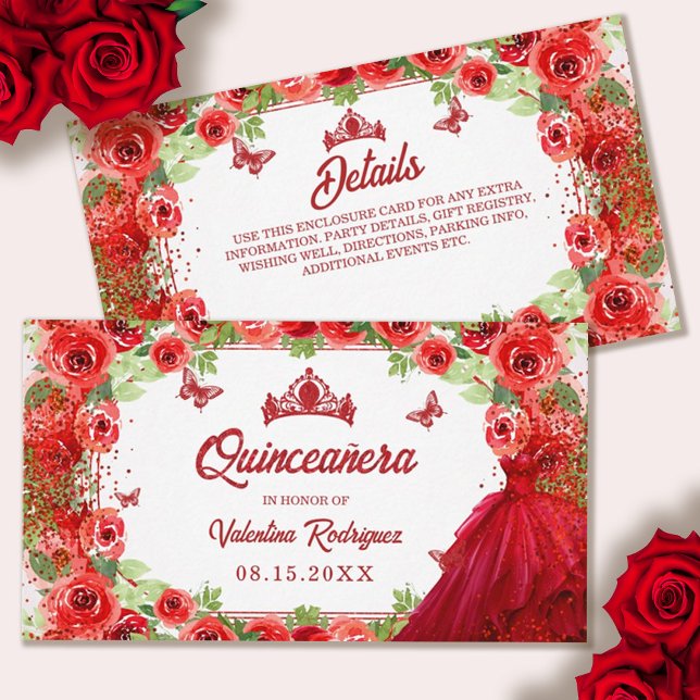 Cartão De Informações Cintura Floral de Brilho Vermelho Quinceanera (Red Glitter Floral Sparkle Quinceanera Enclosure Card)