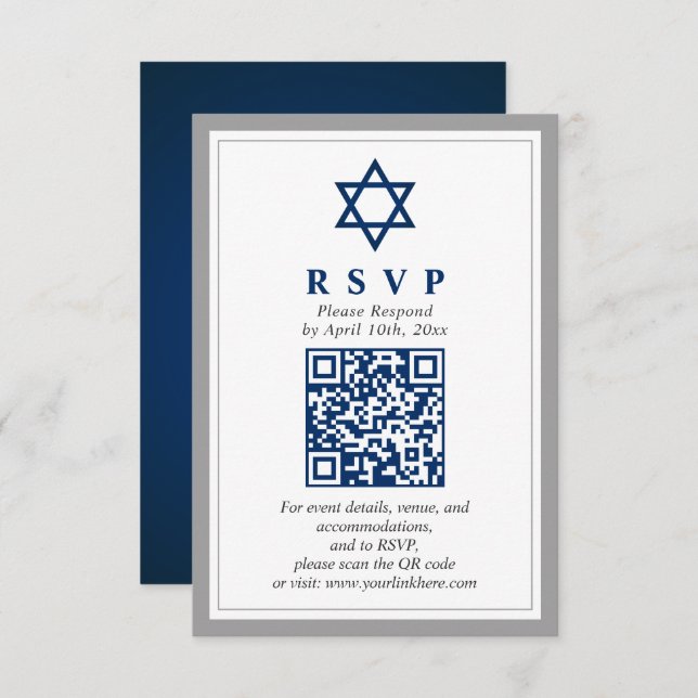 Cartão De Informações Cinza e Bar Azul Mitzvah Código QR RSVP (Frente/Verso)