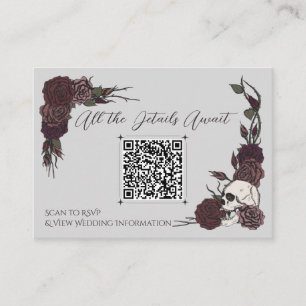 Cartão De Informações Cinza e Burgundy Floral Crânio Casamento QR