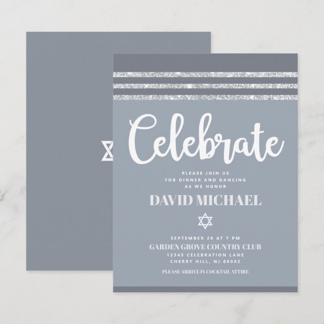 Cartão De Informações Cinza Mitzvah Silver Tallit Bold Modern Simples (Frente/Verso)