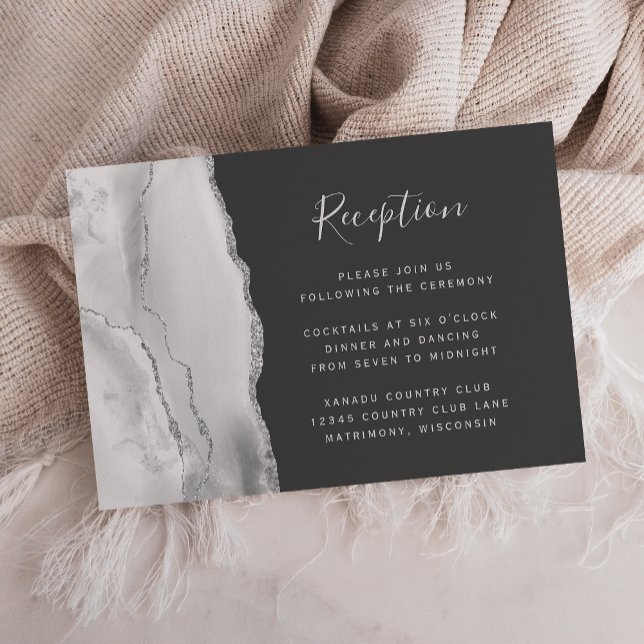 Cartão De Informações Cinzas Modernas Prata Agate Recepção de casamento  (Criador carregado)