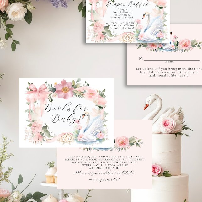 Cartão De Informações Cisne Laço Rosa Elegantes Livros Florais para Bebê (Criador carregado)