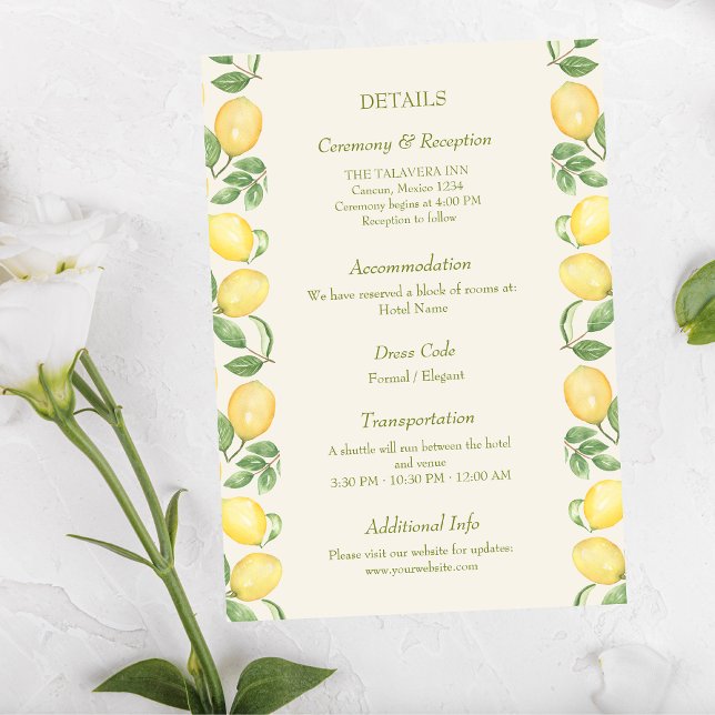 Cartão De Informações Citrus Olive Mediterranean Botanical Wedding (Criador carregado)