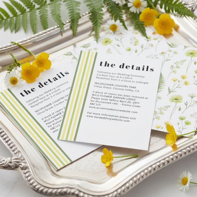 Cartão De Informações Citrus Wildflower Stripe Accommodation and Details (Details / Accommodation Cards - from Citrus Green Wildflower wedding collection by Darling & May)