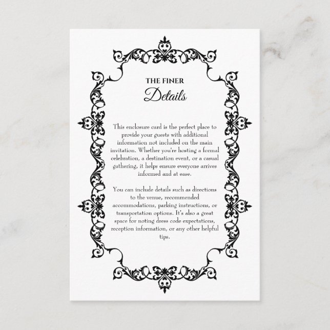 Cartão De Informações Classic Black and White Ornately Framed Wedding (Frente)