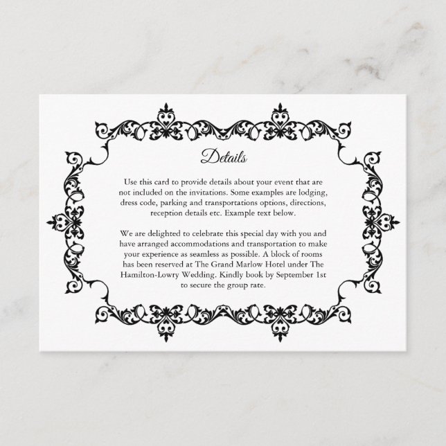 Cartão De Informações Classic  Black and White Ornately Framed Wedding (Frente)