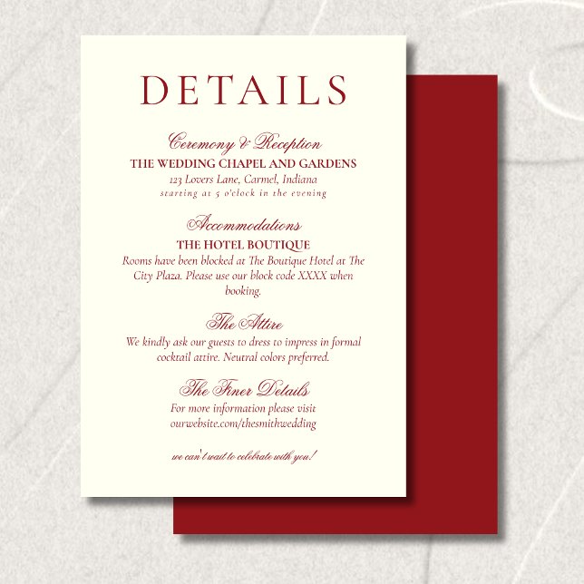 Cartão De Informações Classic Burgundy Red Minimalist Wedding Details (Classic Burgundy Red Minimalist Wedding Details Enclosure Card)