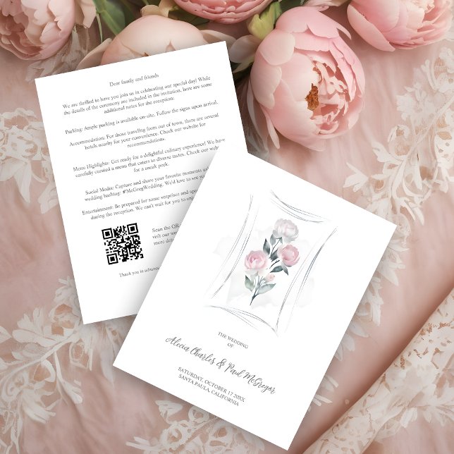 Cartão De Informações Classic Cute Floral Peonies Bunch in Gray & Pink (Classic Cute Watercolor Effect Floral Peonies Bunch in Gray & Pink Wedding Enclosure Card.)