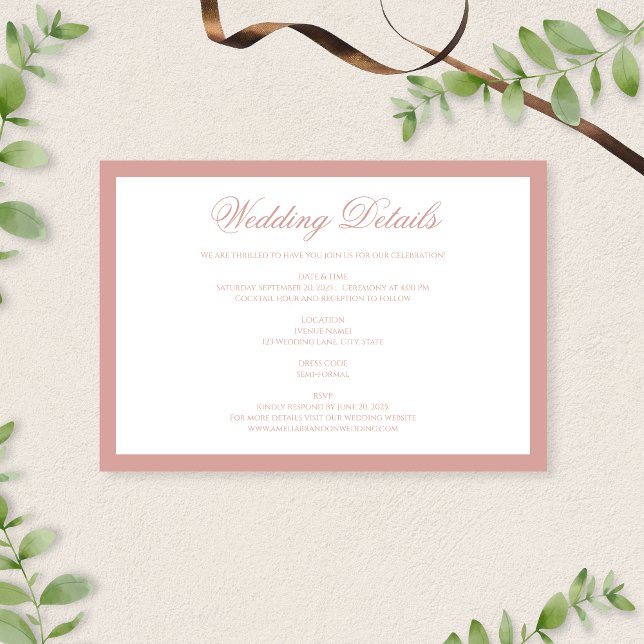 Cartão De Informações Classic Dusty Rose Border Script Wedding Details (Criador carregado)