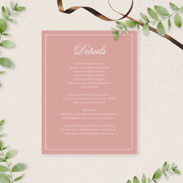 Cartão De Informações Classic Dusty Rose Border Script Wedding Details (Criador carregado)