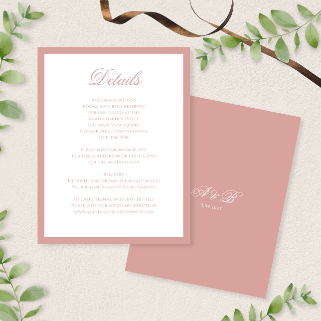 Cartão De Informações Classic Dusty Rose Monogram Script Wedding Details (Criador carregado)