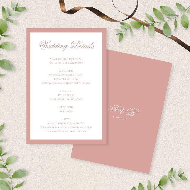 Cartão De Informações Classic Dusty Rose Monogram Script Wedding Details (Criador carregado)