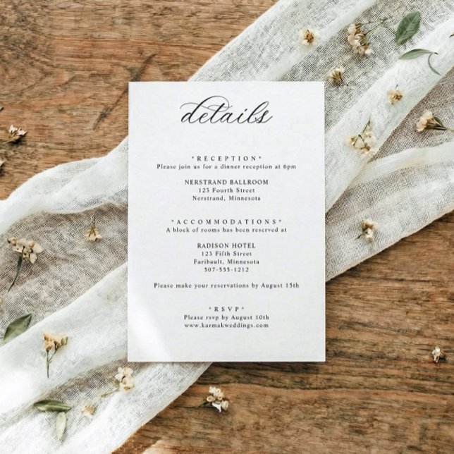 Cartão De Informações Classic Elegant Calligraphy Wedding Details (Classic black and white wedding details card with elegant calligraphy and traditional script)