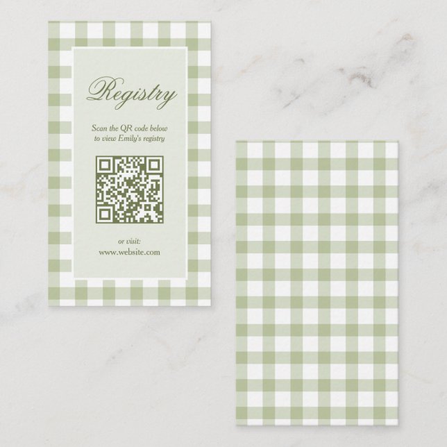Cartão De Informações Classic Elegant Green Gingham Baby Shower Registry (Frente/Verso)