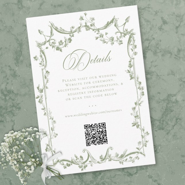 Cartão De Informações Classic Elegant Sage Green Floral Frame Wedding QR (Classic Elegant Sage Green Floral Frame Wedding QR Enclosure Card)