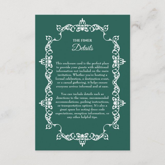 Cartão De Informações Classic Emerald Green Ornately Framed Wedding (Frente)