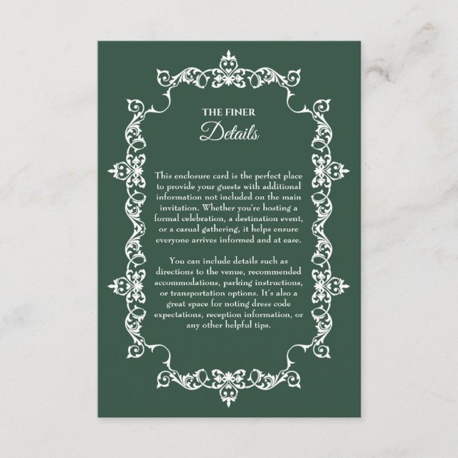 Cartão De Informações Classic Forest Green Ornately Framed Wedding (Frente)