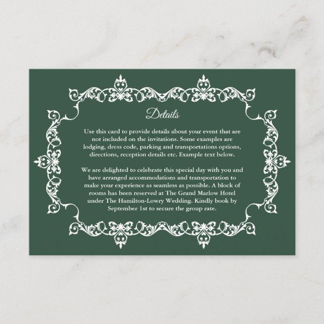 Cartão De Informações Classic Forest Green Ornately Framed Wedding (Frente)