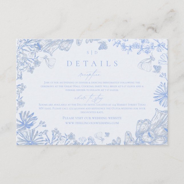 Cartão De Informações Classic French Blue White Floral Wedding Enclosure (Frente)