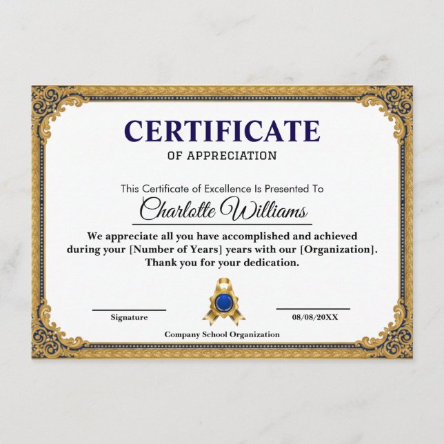 Cartão De Informações Classic Gold Blank Certificate Frame Printable (Frente)