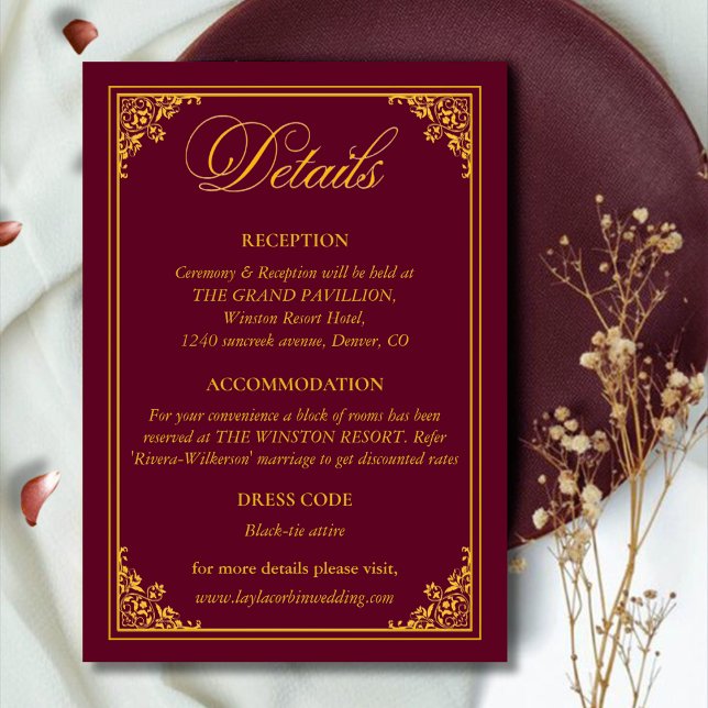 Cartão De Informações Classic Gold Frame Royal Wedding Details (Criador carregado)