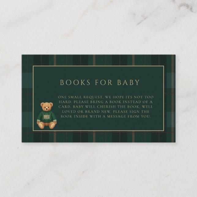 Cartão De Informações Classic Green Plaid Teddy Bear Theme Baby Shower  (Frente)
