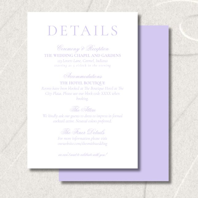 Cartão De Informações Classic Lavender Minimalist Wedding Details (Classic Lavender Minimalist Wedding Details Enclosure Card)