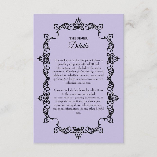 Cartão De Informações Classic Lavender Purple Ornately Framed Wedding (Frente)