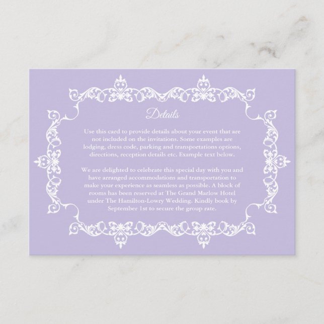 Cartão De Informações Classic Lavender Purple Ornately Framed Wedding (Frente)