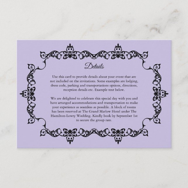 Cartão De Informações Classic Lavender Purple Ornately Framed Wedding (Frente)