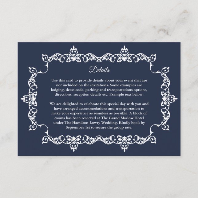Cartão De Informações Classic Midnight Navy Blue Ornately Framed Wedding (Frente)