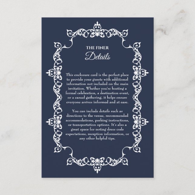 Cartão De Informações Classic Midnight Navy Blue Ornately Framed Wedding (Frente)