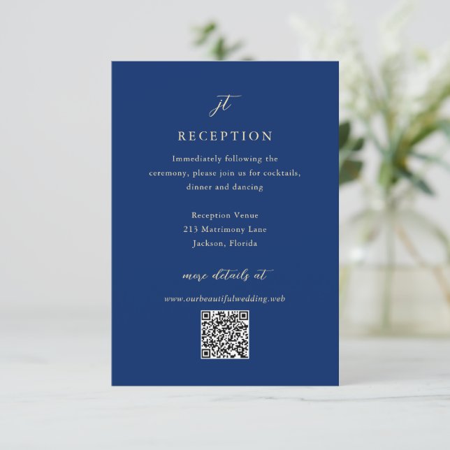 Cartão De Informações Classic Navy and Cream Elegant QR Code Wedding (Em pé/Frente)