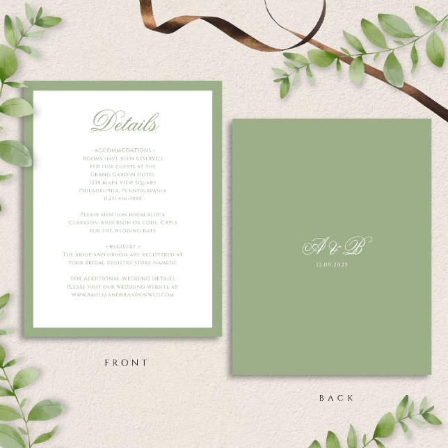 Cartão De Informações Classic Sage Green Monogram Script Wedding Details (Criador carregado)